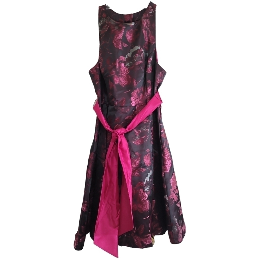NWT Eliza J Black Pink Floral Fit and Flare Dress 14 Open Back Sash and Pockets